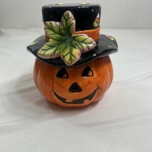 Tii Collection Halloween Ceramic Jack O Lantern w/Hat Lid 2PC Container 5.5"